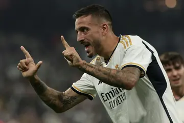 On target: Real Madrid's Spanish forward Joselu celebrates scoring against Las Palmas on Wednesday