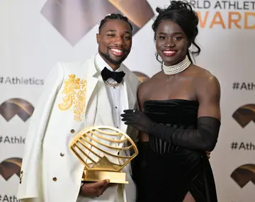 Noah Lyles with his girlfriend, Junelle Bromfield during the World Athletics awards night on December 11.