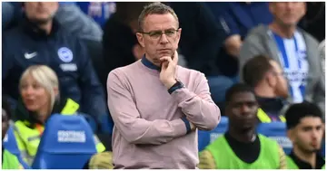 Ralf Rangnick looks on during the English Premier League football match between Brighton and Hove Albion and Manchester United at the American Express Community Stadium. Photo by Glyn KIRK.