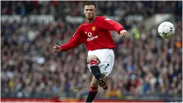 David Beckham takes a trademark free-kick during the FA match between Manchester United and Middlesbrough played at Old Trafford. Photo: Laurence Griffiths.