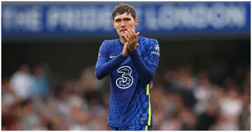 Andreas Christensen applauds the fans following the Premier League match between Chelsea and Manchester City at Stamford Bridge. Photo by Catherine Ivill.