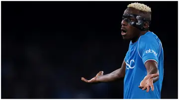 Victor Osimhen reacts during the UEFA Champions League 2023/24 round of 16 first leg match between SSC Napoli and FC Barcelona. Photo: Jonathan Moscrop.