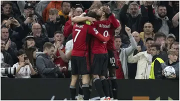 Manchester United stars celebrate a goal during their UEFA Champions League match with Galatasaray at Old Trafford. Photo by Rasid Necati Aslim.