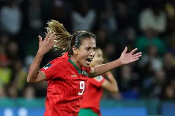 Morocco's forward 09 Ibtissam Jraidi celebrates her team's first goal