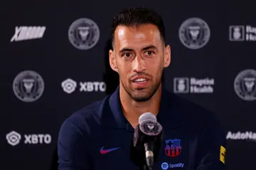 Spanish midfielder Sergio Busquets, here fielding questions before a Barcelona pre-season friendly in Miami in 2022, has signed to play for Inter Miami of Major League Soccer through 2025