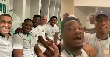 Asamoah Gyan and some African football legends in the dressing room of the new Senegal stadium. Credit: @AsamoahG3_FPage