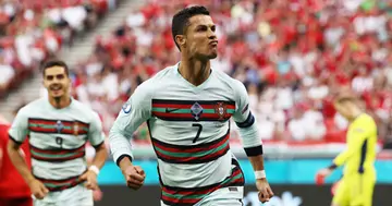 Cristiano Ronaldo of Portugal celebrates after scoring their side's second goal during the UEFA Euro 2020 Championship Group F match against Hungary. Photo by Bernadett Szabo.