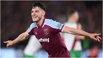 Declan Rice celebrates after scoring during the UEFA Europa League match between West Ham United and Rapid Wien at Olympic Stadium. Photo by Justin Setterfield.