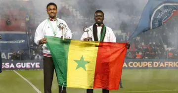 Abdou Diallo and Senegal teammate Idrissa Gueye presented to PSG fans after AFCON heroics. Credit: PSG_English