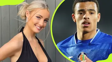 Harriet Robson in a black outfit and Mason Greenwood in blue sportsgear