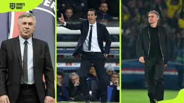 PSG former coaches Carlo Ancelotti and Unai Emery, and the current Luis Enrique