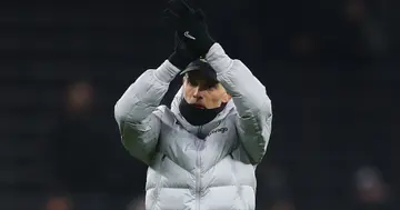 Chelsea manager Thomas Tuchel applauds the supporters following the Carabao Cup clash against Tottenham Hotspur. Photo by Chris Brunskill.
