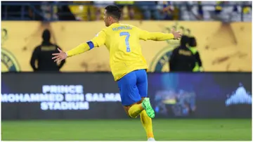 Cristiano Ronaldo celebrates after scoring during the Saudi Pro League football match between Al-Nassr and Al-Tai. Photo by Fayez Nureldine.