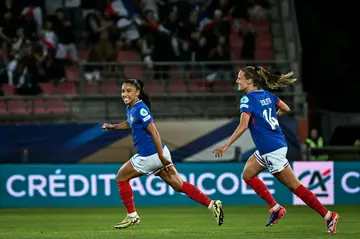 Sakina Karchaoui (L) set France on their way to Euro 2025 qualification with a stunning goal from range in the first half