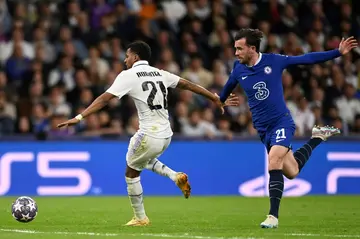 Chelsea defender Ben Chilwell (R) fouled Real Madrid's Brazilian forward Rodrygo and he was sent off for it
