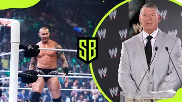 Randy Orton (Left) in action on the ring and Vince McMahon (Right) speaks to the press