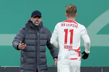 On target: Leipzig forward Timo Werner celebrates his goal against Hoffenheim with coach Marco Rose