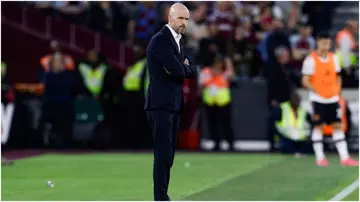 Erik ten Hag reacts at the end of the English Premier League football match between West Ham United and Manchester United. Photo by Ian Kington.