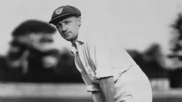 The most prolific run-maker ever, Sir Don Bradman (1908 - 2001), captain of the Australian test team, ready to bat