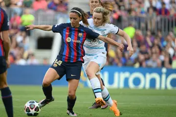 Aitana Bonmati (L) in action for Barcelona against Chelsea in last season's Champions League semi-final