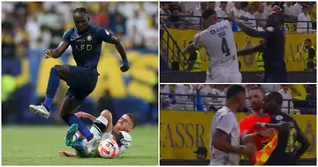 Sadio Mane and Iago Santos got into a shoving contest after the Al-Shabab defender tackled the Al-Nassr forward.