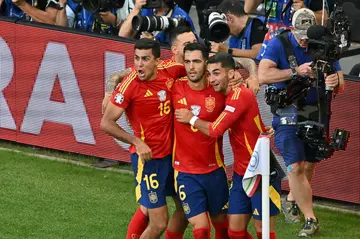 Mikel Merino celebrates scoring Spain's winner against Germany at Euro 2024