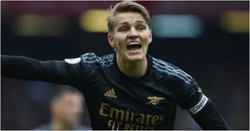 Arsenal skipper Martin Odegaard reacts during a Premier League match. Photo: Stuart MacFarlane.