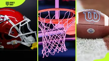 From left: A helmet, basketball hoop, and an American football ball.