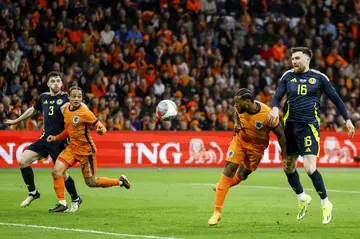 Netherlands midfielder Georginio Wijnaldum (2R) scores in the friendly win against Scotland