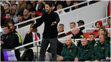 Mikel Arteta gestures on the sideline during the Premier League match between Arsenal and Fulham at Emirates Stadium. Photo by Neal Simpson.