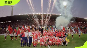 Denmark team begins their celebrations after the UEFA European Championships 1992