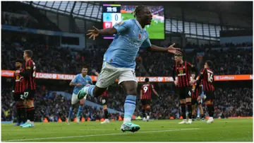 Jeremy Doku celebrates after scoring during the Premier League match between Manchester City and AFC Bournemouth at Etihad Stadium. Photo by Stephen White.