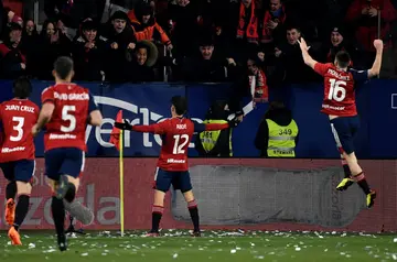 Osasuna's Moroccan forward Ez Abde (C) celebrates scoring his team's goal against Athletic Bilbao