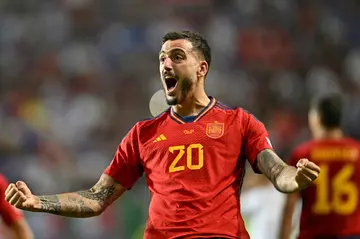 Spain forward Joselu celebrates his goal in the UEFA Nations League semi-final against Italy