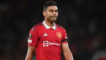 Casemiro reacts as he leaves the pitch during the UEFA Europa League Group E match between Manchester United and Real Sociedad at Old Trafford. Photo by Michael Regan.