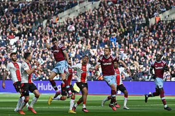 West Ham defender Nayef Aguerd (3L) scores against Southampton