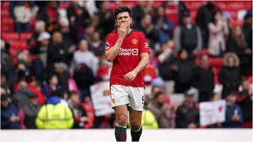 Manchester United's Harry Maguire after the Premier League match at Old Trafford. Photo by Martin Rickett.