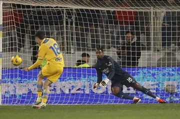 Matias Soule(18) of Frosinone scores their first goal on a penalty during a Serie A soccer match