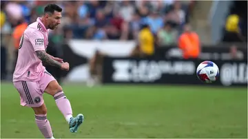 Lionel Messi shoots the ball in the first half of the Leagues Cup semi-final clash between Inter Miami and Philadephia Union at Subaru Park on August 15, 2023, in Chester, Pennsylvania.