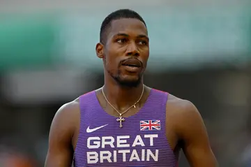 Zharnel Hughes of Team Great Britain competes in the Men's 100m Heats