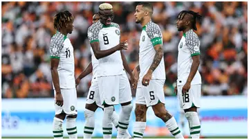 Victor Osimhen reacts next to his teammates during the Africa Cup of Nations 2023 Group A football match between Ivory Coast and Nigeria. Photo: Franck Fife.