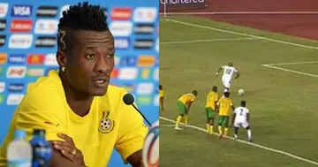 Asamoah Gyan at a press conference at the World Cup in 2014. SOURCE: Twitter/ @FIFAcom @ghanafaofficial