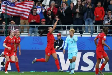United States striker Alex Morgan celebrates one of her five goals against Thailand in 2019. The wild celebrations of the Americans after their later goals were fiercely criticised but Thai skipper Kanjana insists she had no complaints