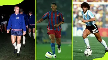 Legendary central attacking midfielders Bobby Charlton, Ronaldinho, and Diego Maradona