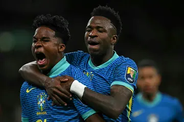 A star is born: Endrick (L) celebrates with Vinicius Junior after scoring against England
