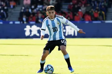 Thiago Almada of Argentina in action during the U-22 international friendly match against Japan at IAI Stadium Nihondaira on November 18, 2023, in Shizuoka, Japan