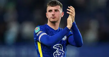 Mason Mount reacts after victory in the penalty shoot-out during the Carabao Cup third round match at Stamford Bridge, London. Picture date: Wednesday, September 22, 2021. (Photo by Mike Egerton/PA Images via Getty Images)