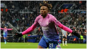 Samuel Chukwueze celebrates scoring his side's second goal during the UEFA Champions League match between Newcastle United FC and AC Milan. Photo: Alex Dodd.