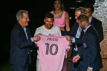 America's No. 10: Argentine soccer star Lionel Messi is presented by Inter Miami owners David Beckham, Jose R. Mas and Jorge Mas as the Major League Soccer club's new star