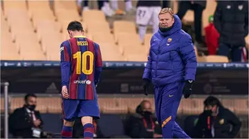 Lionel Messi walks off after being shown a straight red in the Super Cup final last season. Photo: Quality Sport Images.